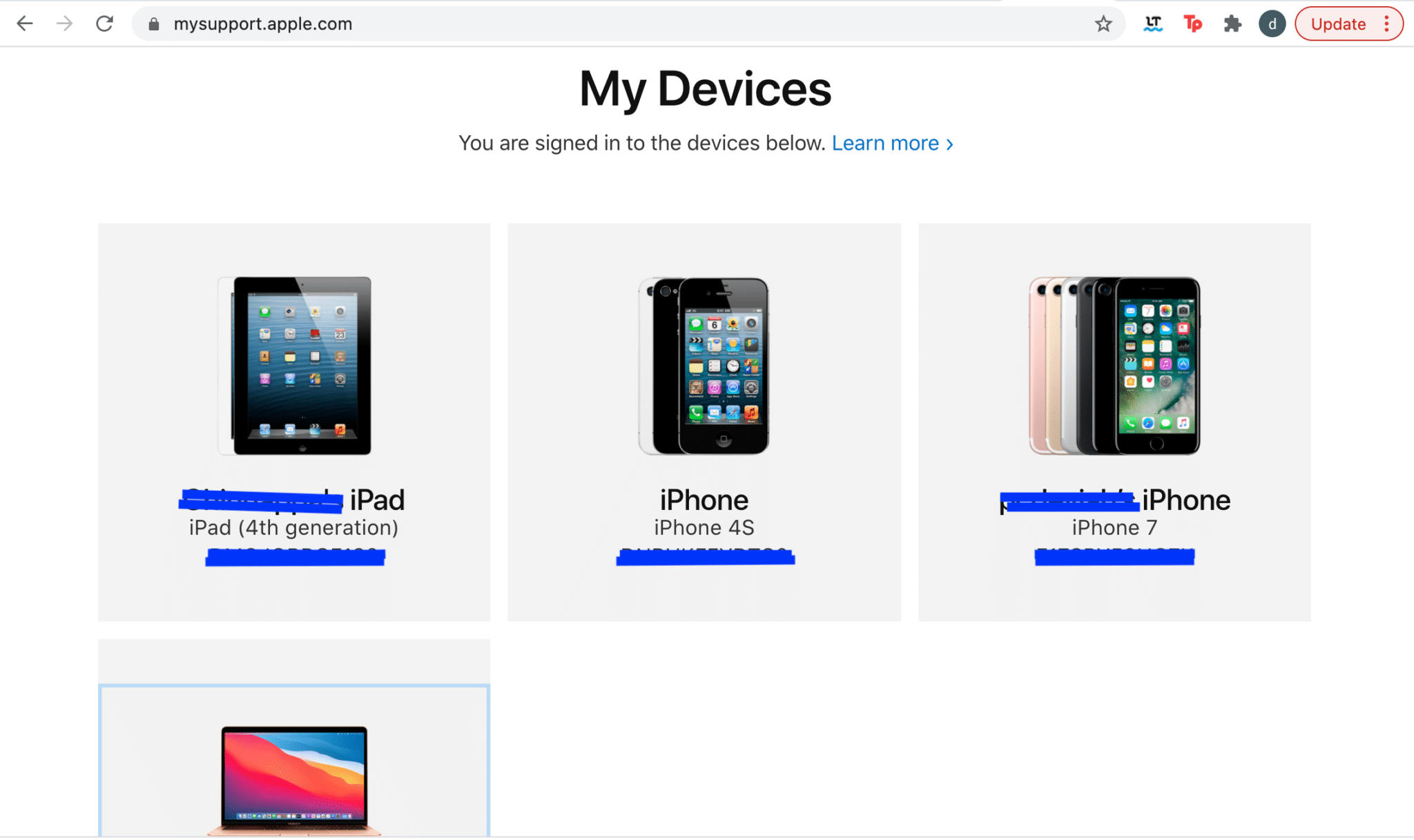List of Apple devices registered under the same Apple ID with which you logged in