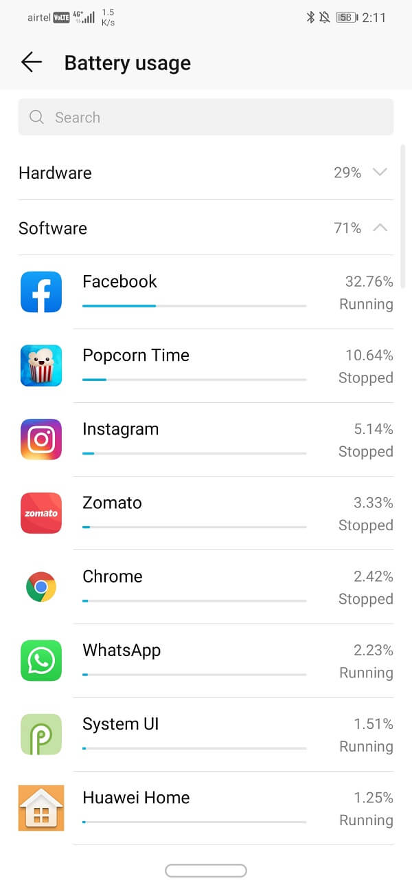 List of apps along with their power consumption