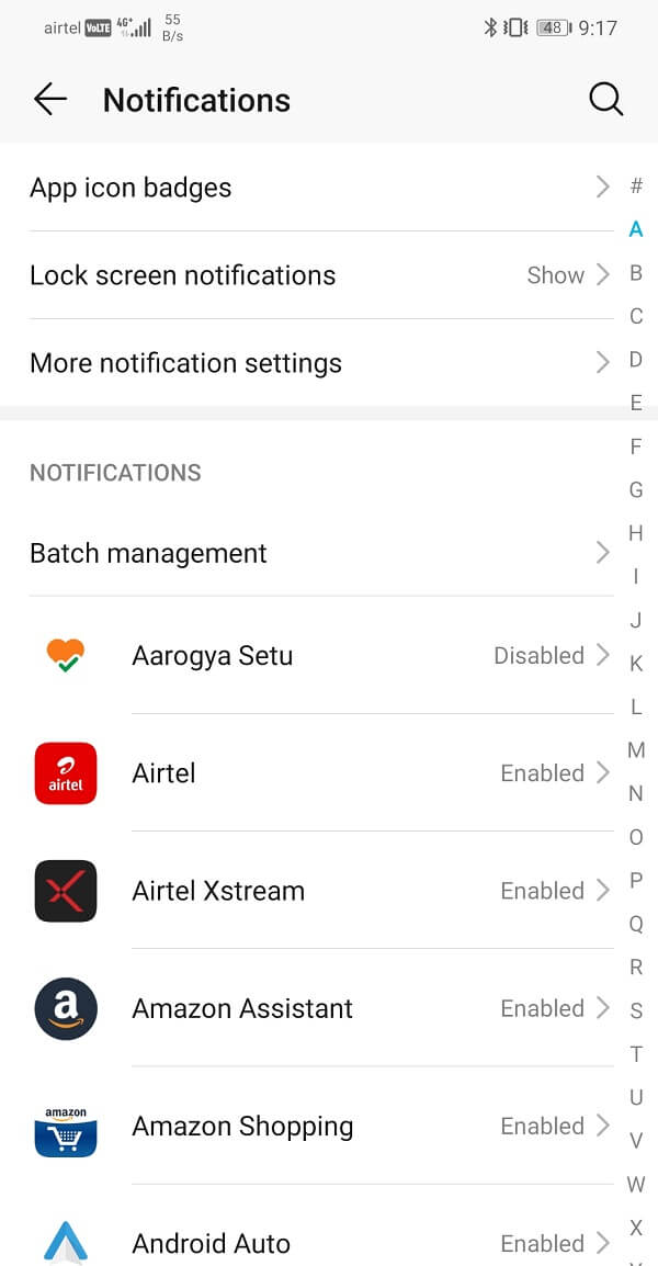 List of apps for which you can choose to either allow or disallow notifications