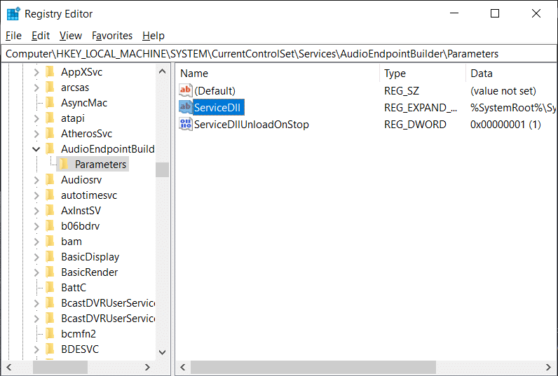 Найдите ServicDll в реестре Windows | Исправить аудиослужбы, не отвечающие в Windows 10