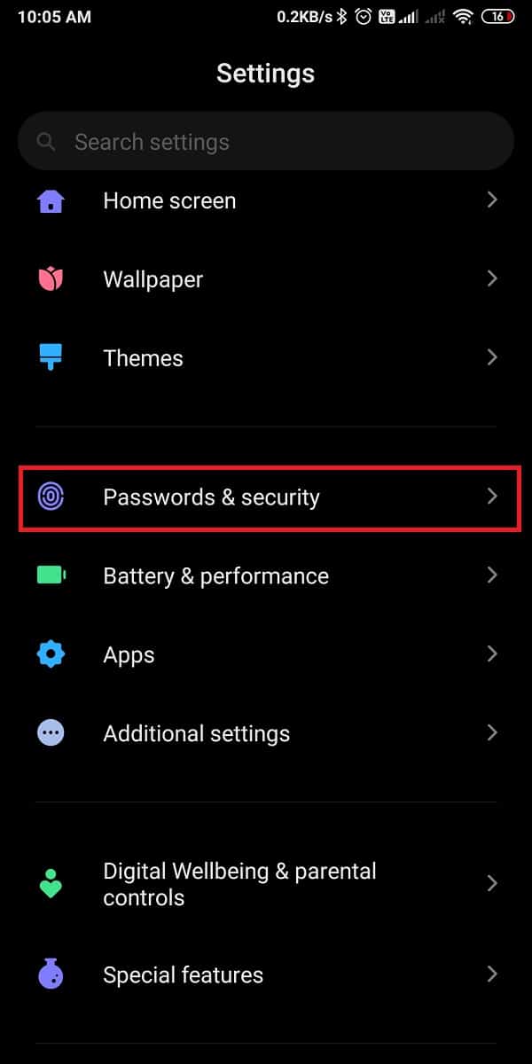Locate and tap on Passwords and Security