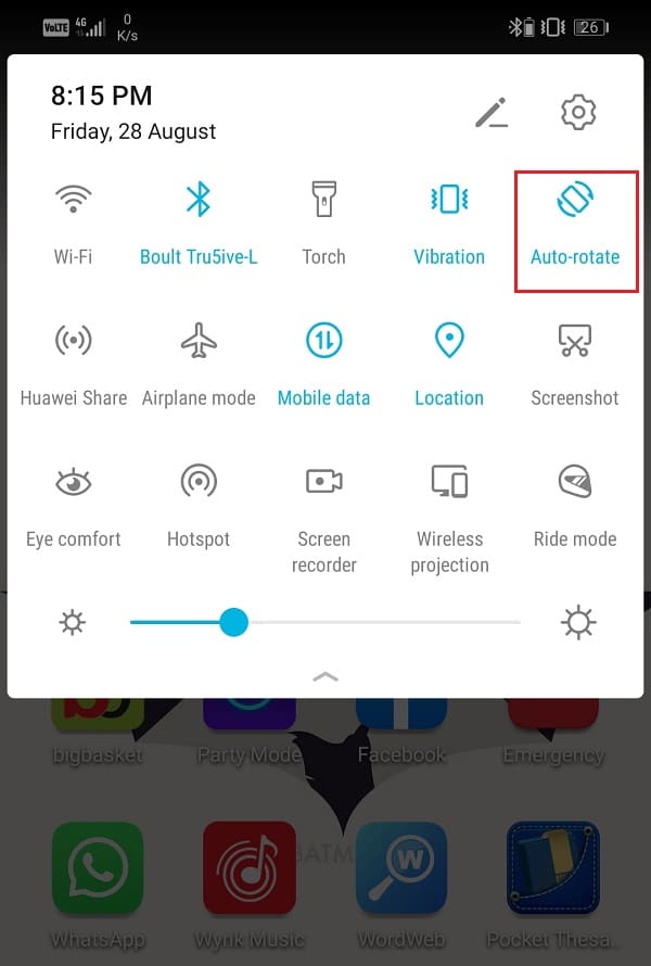 Locate the Auto-rotate icon and check if it is enabled or not