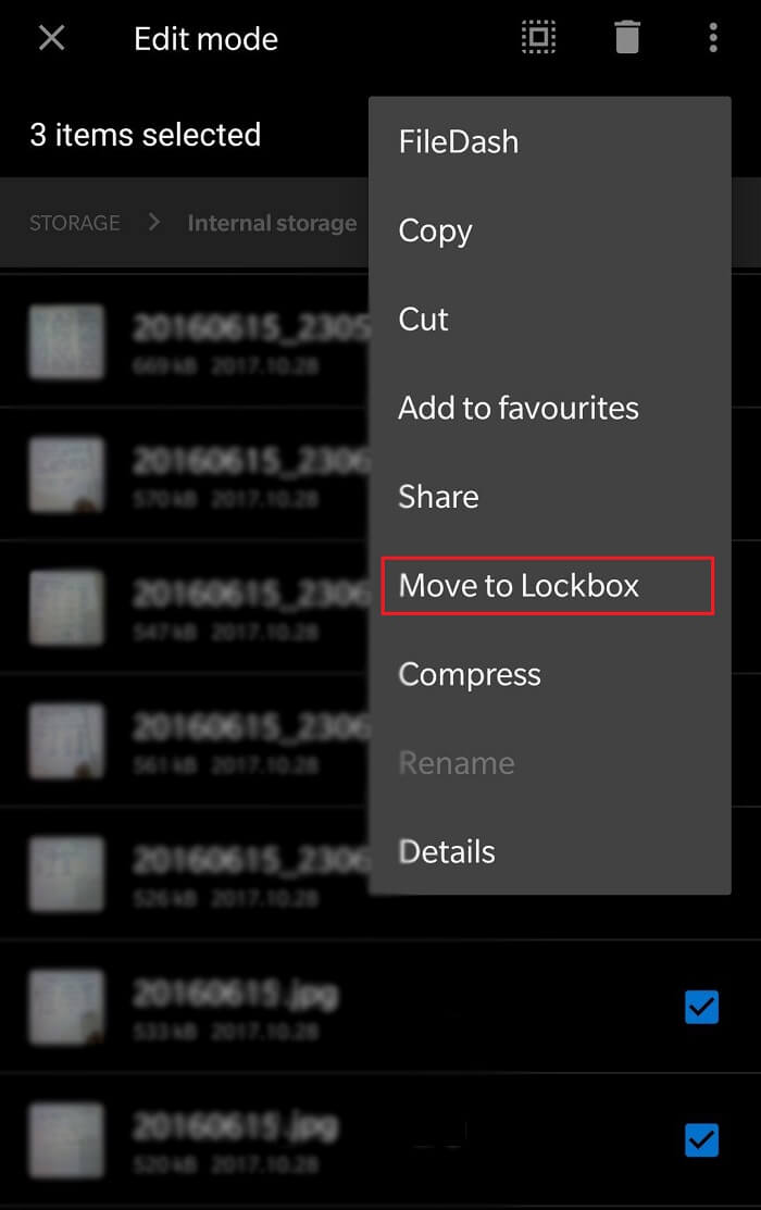 Long press the file then tap on three dots and select Move to Lockbox