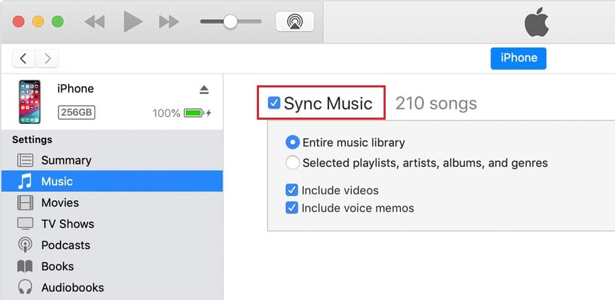 Make sure Sync Music is checked