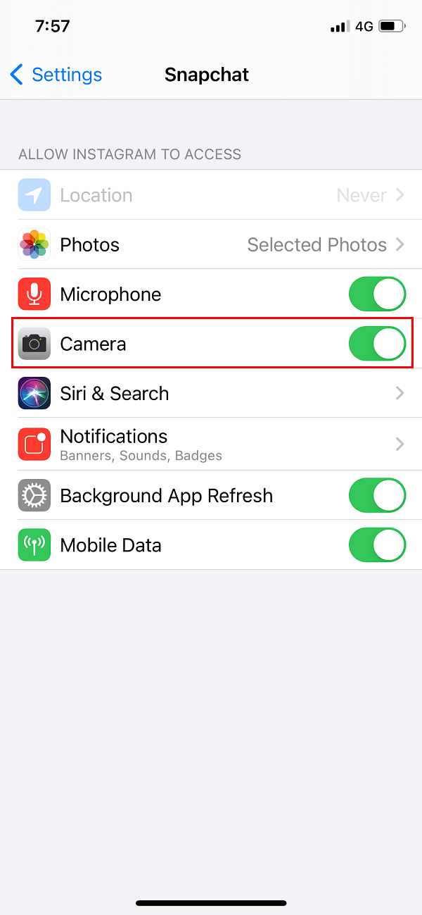 Make sure camera access is enabled for Snapchat
