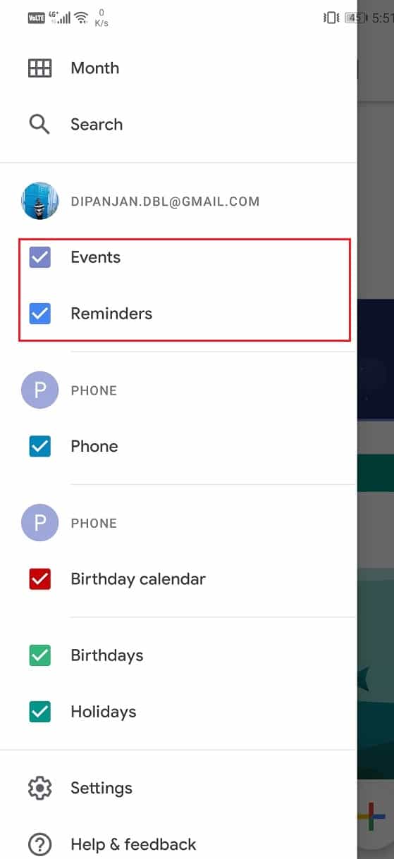 Make sure that the checkboxes next to Events and Reminders are selected