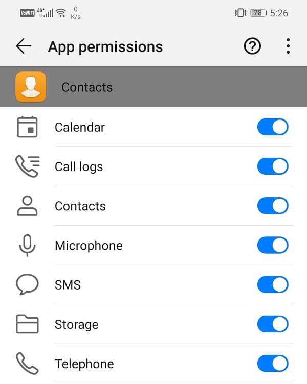 Make sure that the toggle is switched on for the Contact option | Fix Unable to open Contacts on Android Phone