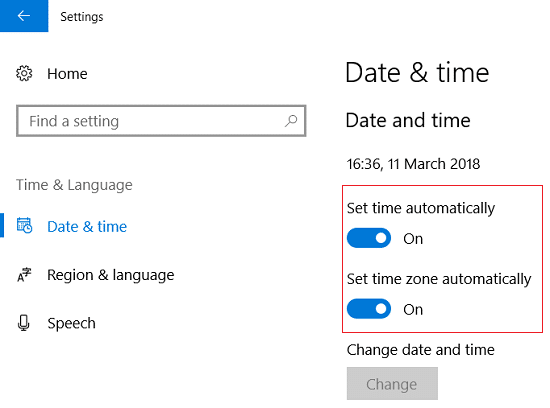 Make sure toggle for Set time automatically & Set time zone automatically is turned ON