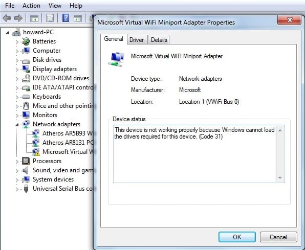 Microsoft Virtual Wifi Miniport Adapter driver problem (Error code 31)