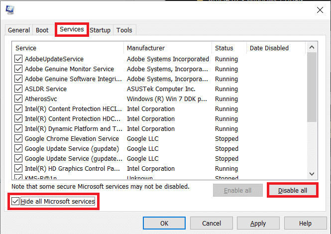 Move over to the Services tab and tick the box next to Hide all Microsoft services and click Disable all