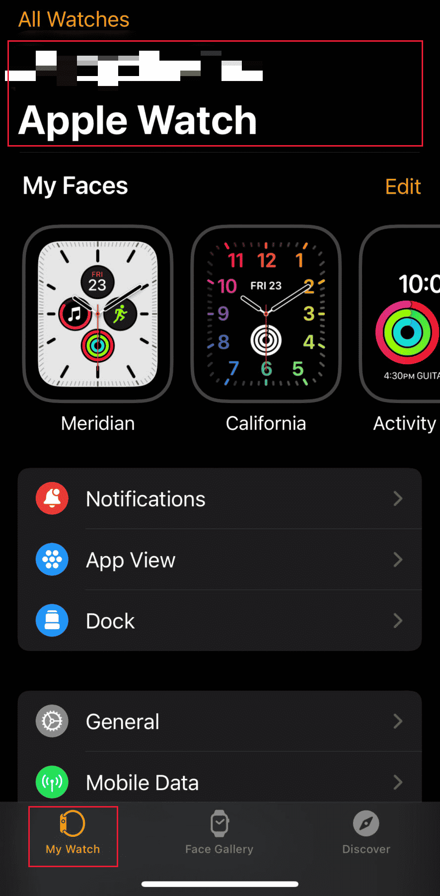 My Watch tab - tap on your Apple Watch