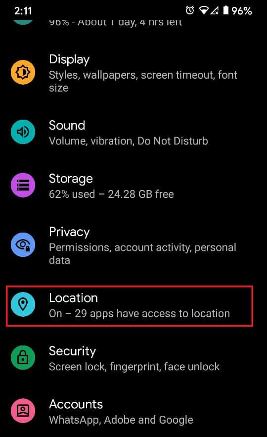Navigate and find the Location settings