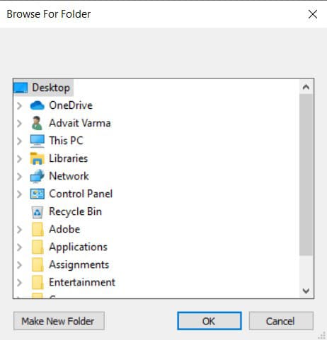 Navigate and select a destination folder, then click on OK