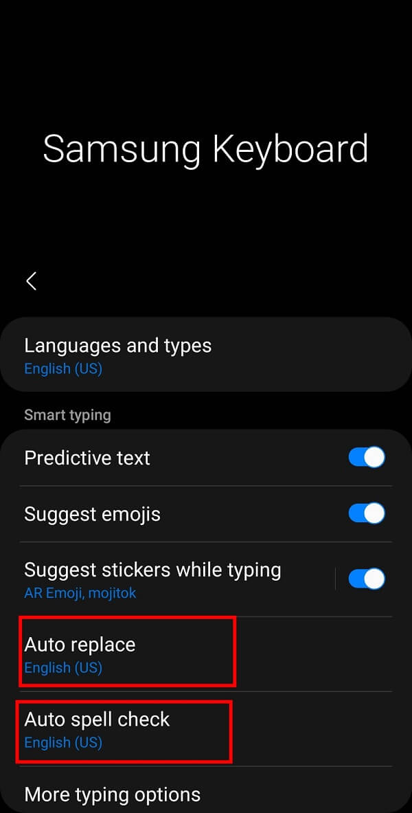 Next, you must tap on the Auto spell check option and then tap on the switch off the button next to the preferred language by tapping it.