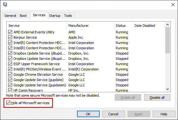Now, check the box next to ‘Hide all Microsoft Services’ / Perform Clean boot in Windows 10