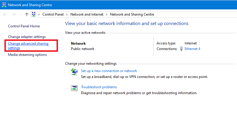 Now, click on Change advanced sharing settings option in the left pane