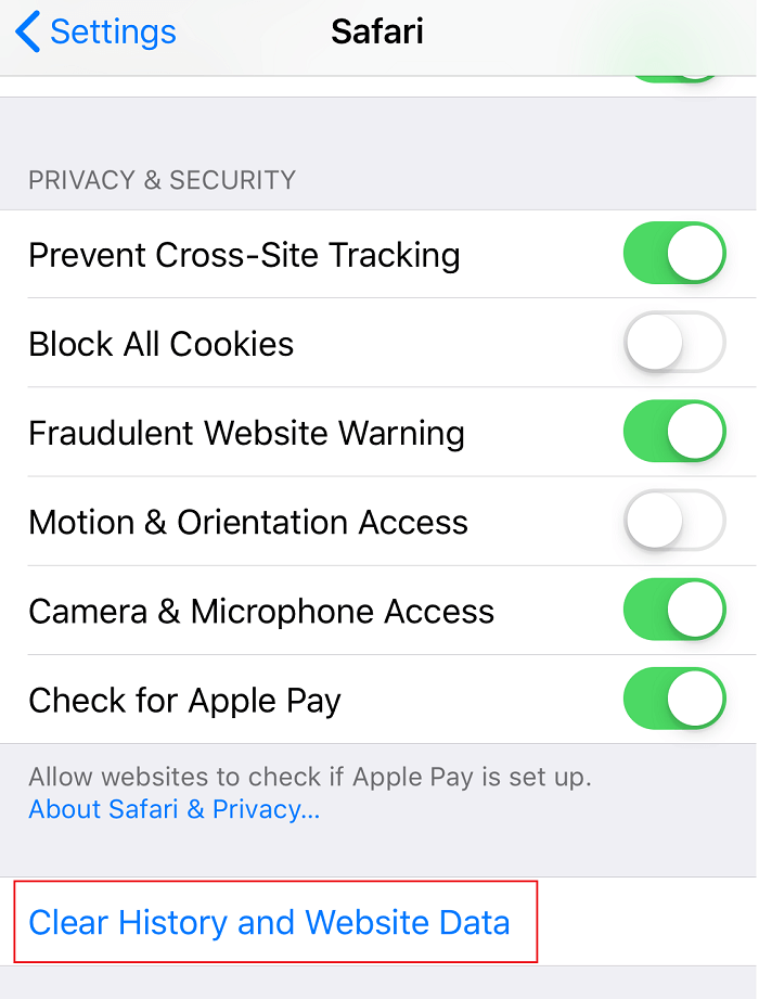 Now click on Clear History and Website Data under Safari Settings