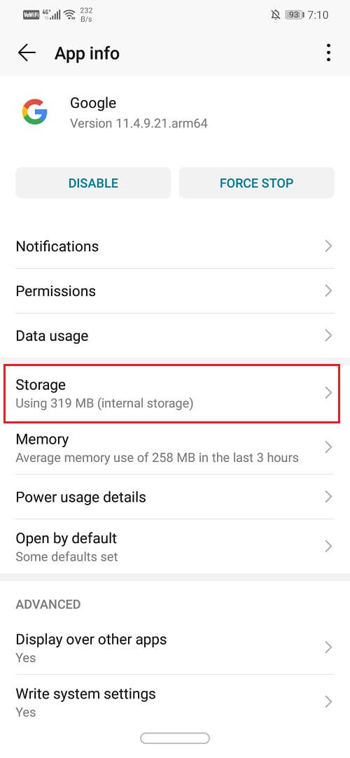 Now click on the Storage tab