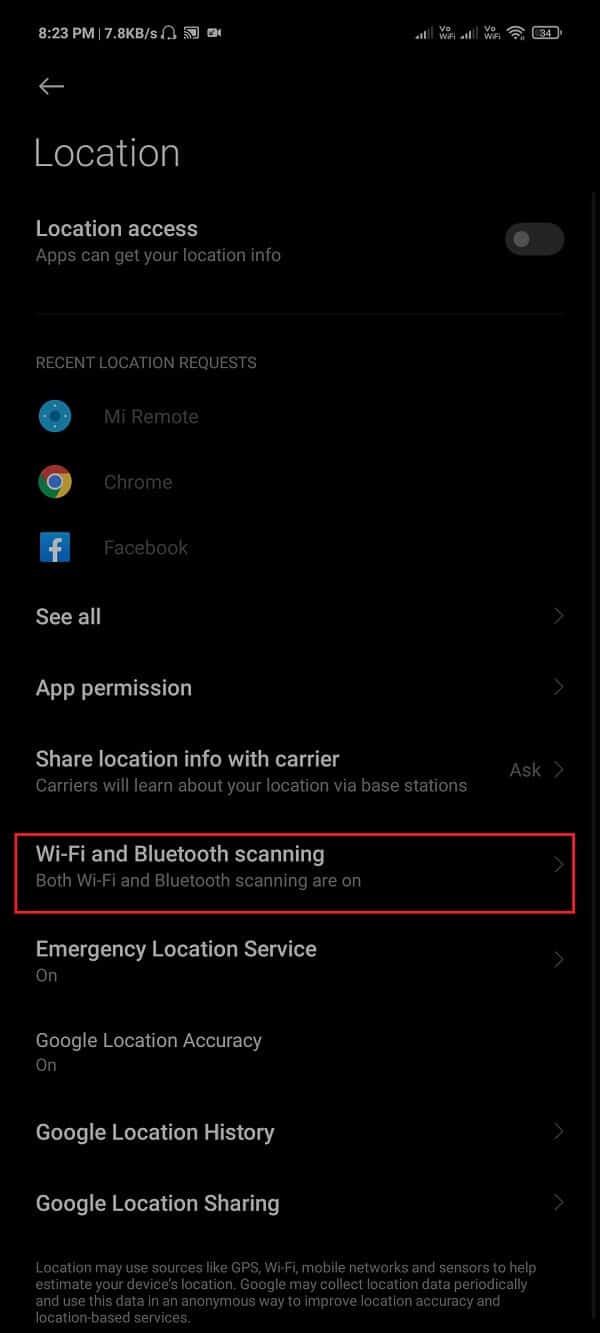 Now look for the Wi-Fi and Bluetooth scanning option and tap on it. | Fix Pokémon Go GPS Signal Not Found