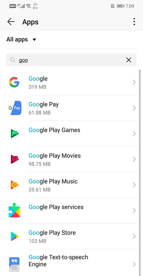 Now search for Google in the list of app and then tap on it