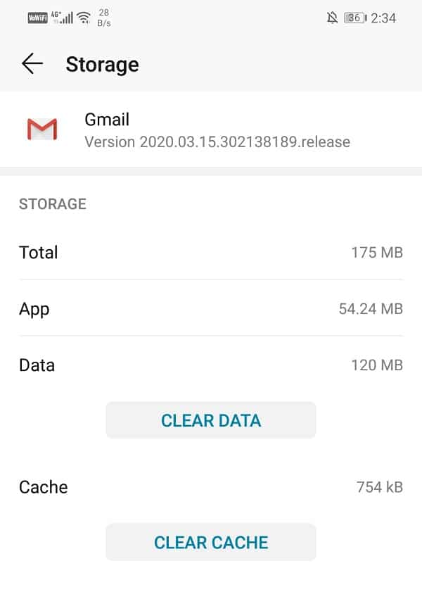 Now see the options to clear data and clear cache | Fix Gmail app is not syncing on Android
