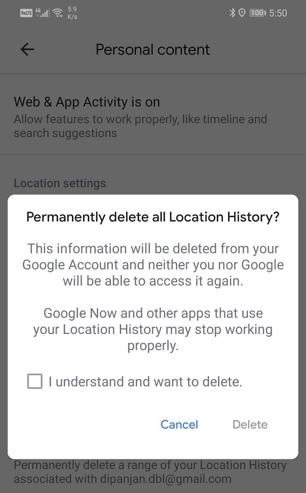 Now select the checkbox and tap on the Delete option | View Location History in Google Maps