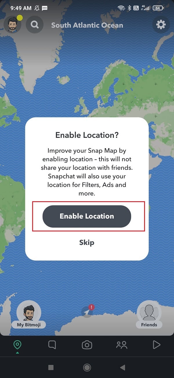 Now, swipe right to access the snap map and click on the Enable location button