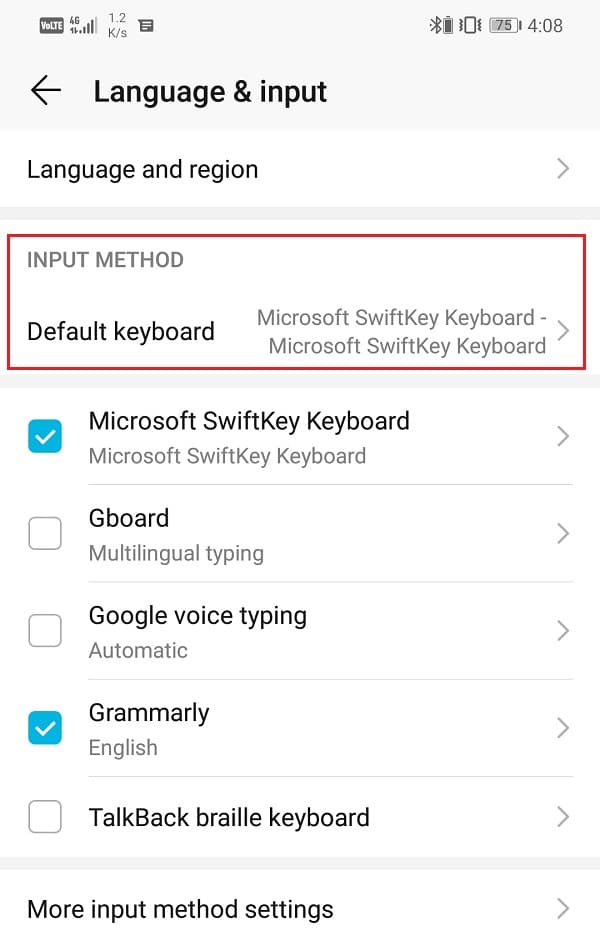 Now tap on the Default keyboard option under the Input method tab