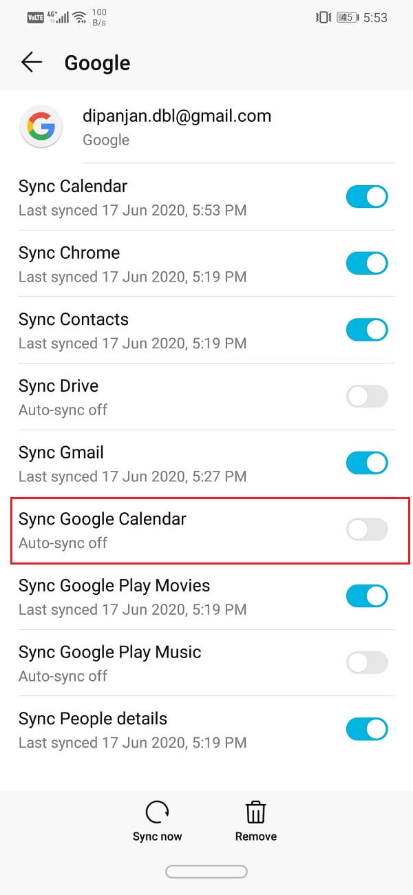 Now, toggle the switch off next to Sync Google Calendar