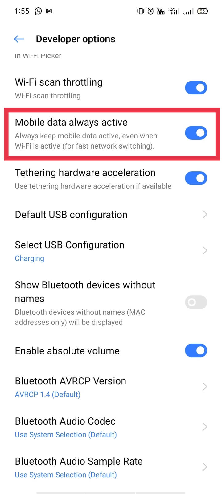Now, under the Developer option, turn on the Mobile data always active option.