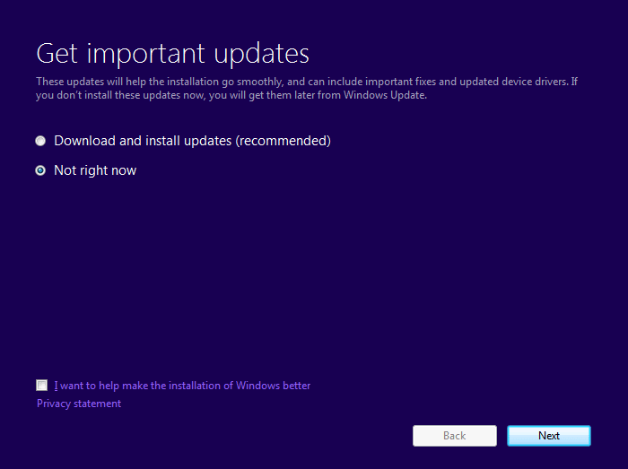 On Get important updates screen, select Not right now and then click on Next