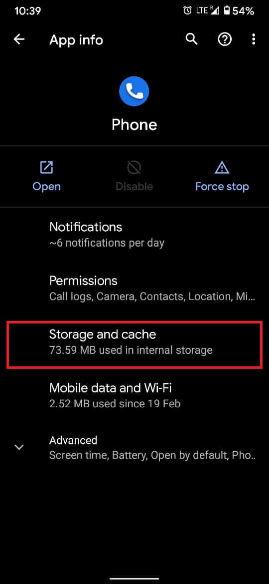 On the page displaying the app info, tap on ‘Storage and cache.’ | Fix Android Phone Can't Make Or Receive Calls