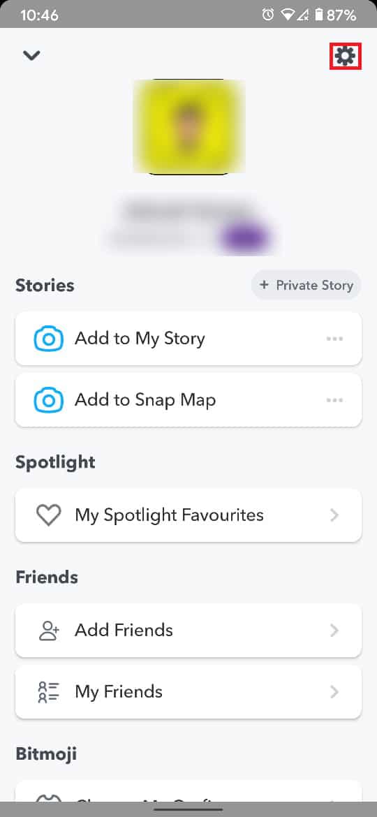 On the top right corner, tap on the Settings icon | How to Use Fruit Emoji on Snapchat