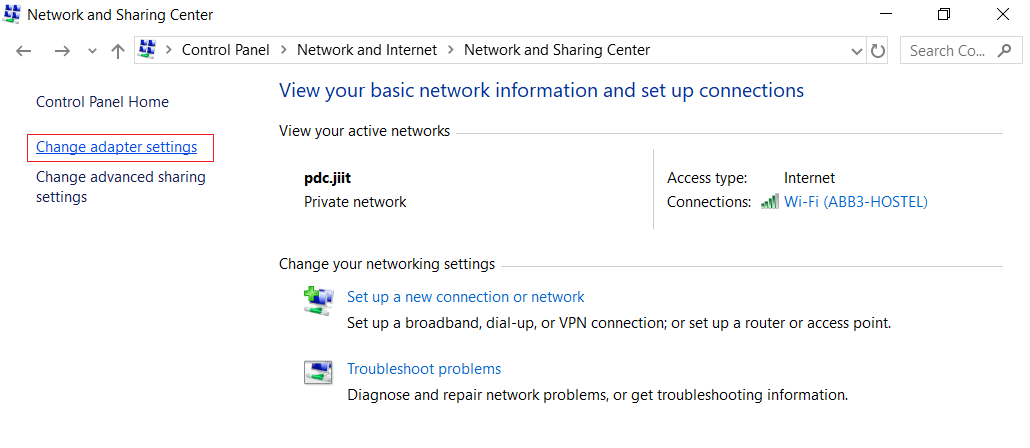 On the upper left side of the Network and Sharing Center click on Change Adapter Settings
