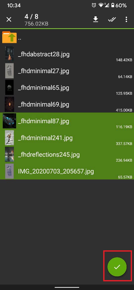 Once all the files have been selected, tap on the green tick on the bottom right of the screen to successfully create an archived file.