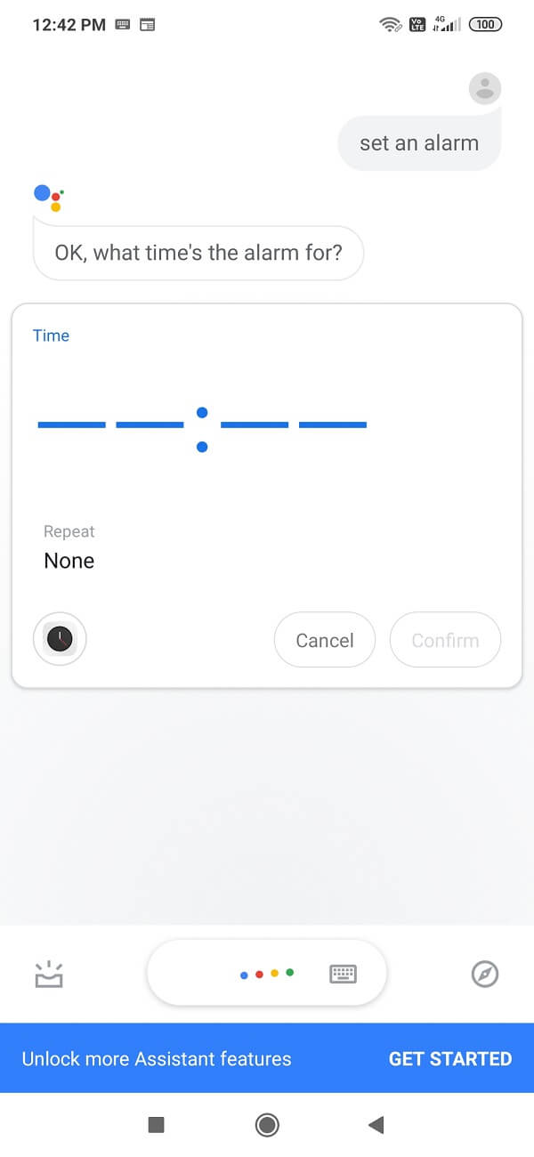 Once the Google Assistant is active, say set an alarm