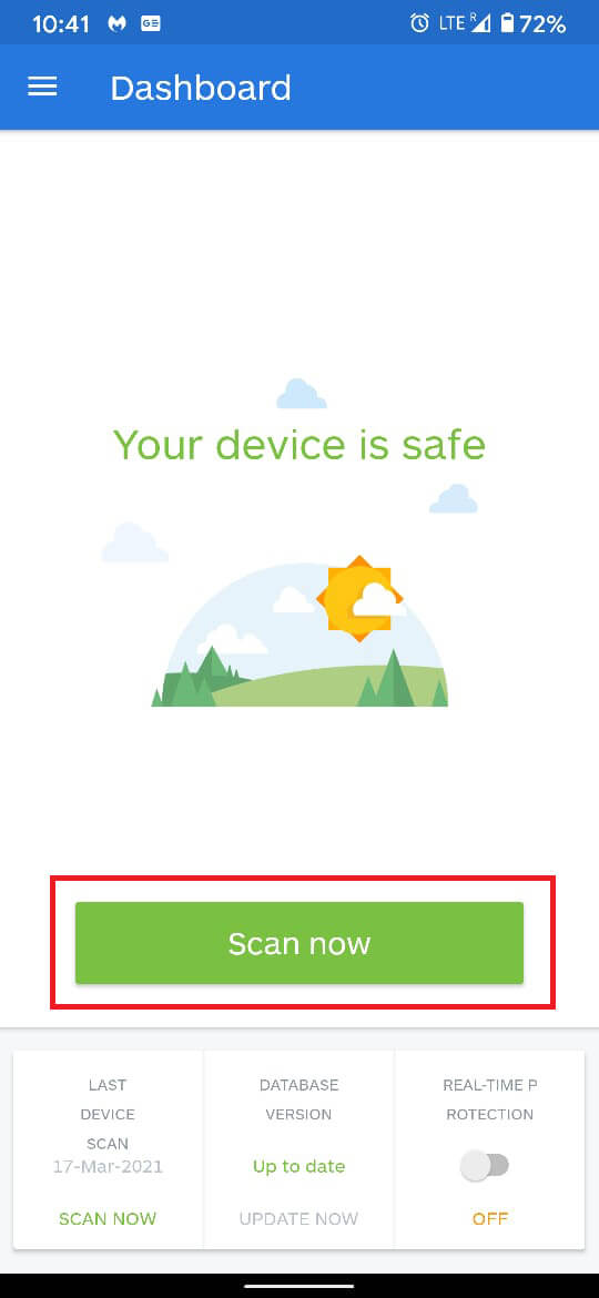 Once the app is open, tap on ‘Scan now’ to locate malware on your device. | How to Remove a Virus from an Android Phone