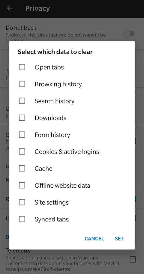 Once the box is ticked, a pop-up menu opens up asking you to select which data to clear