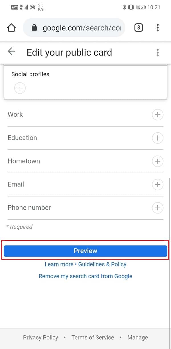 Once you have added all your information, tap on the Preview button | How to Add Your People Card on Google Search