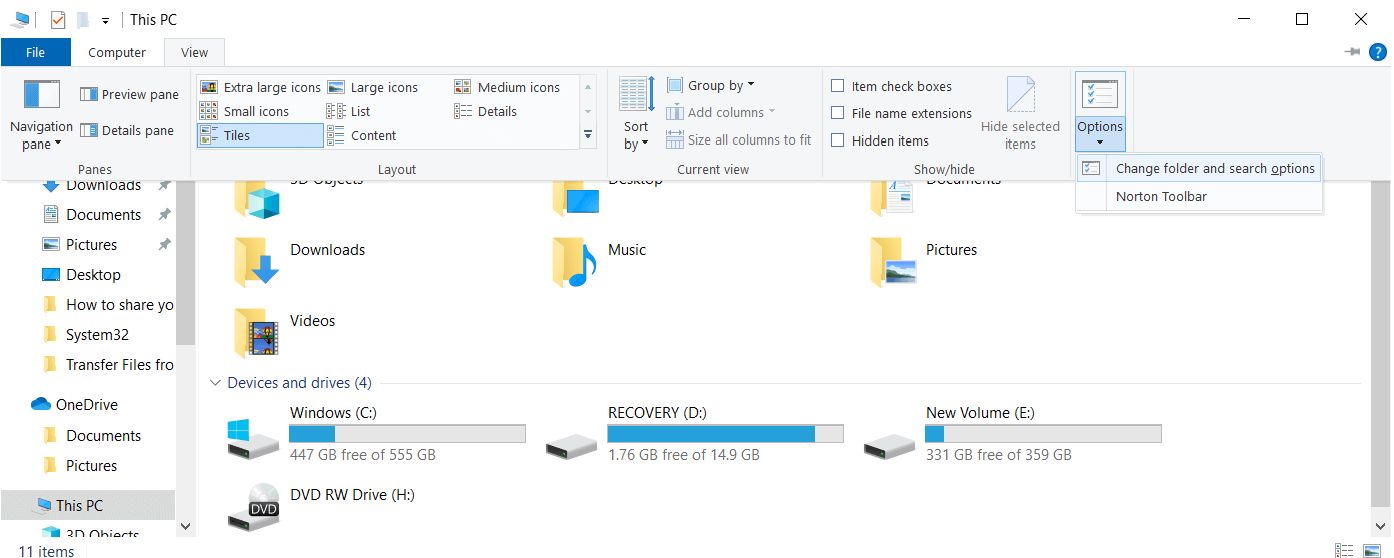 Open File Explorer and then click View and select Options