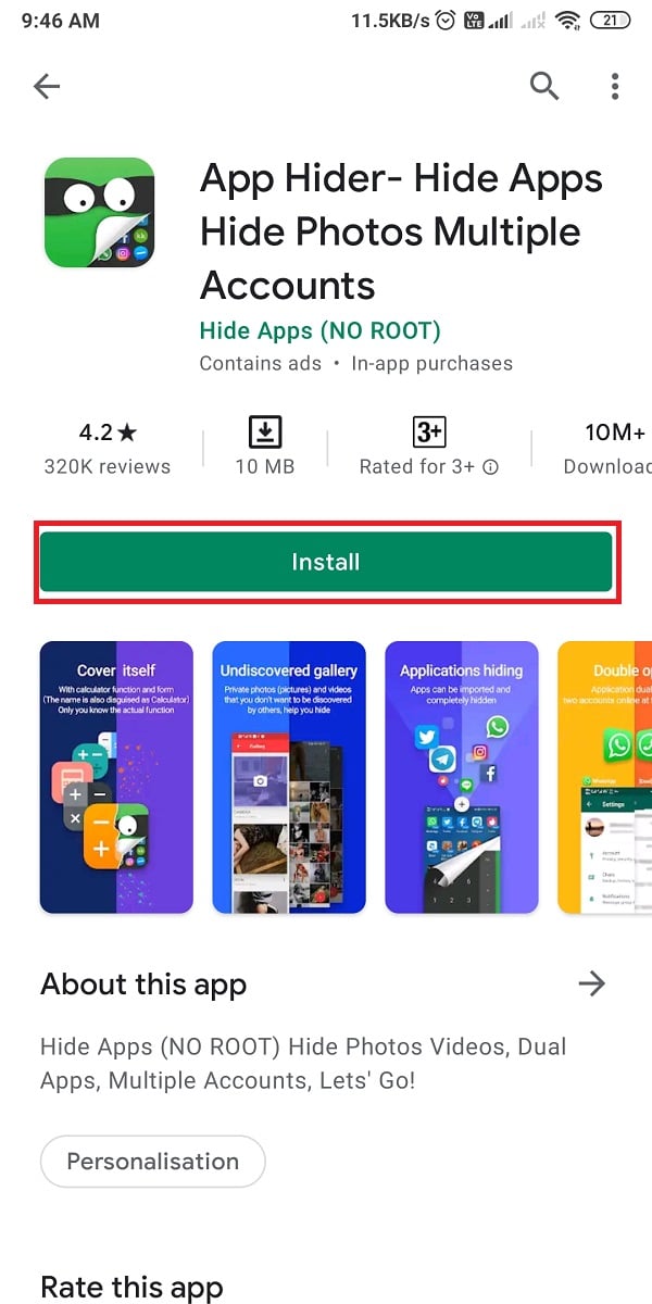Open Google Play Store and download App hider