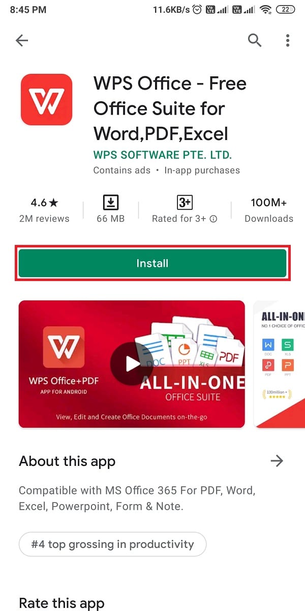 Buksan ang Google Play Store at i-install ang WPS Office sa iyong device | Paano i-export ang WhatsApp Chat bilang PDF