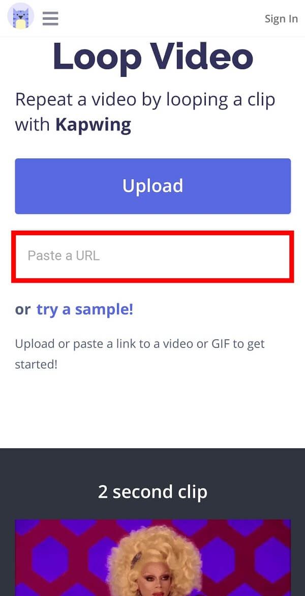 Open Kapwing Loop Video and paste the video's URL | 