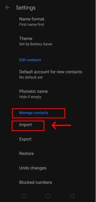 Open Settings and go to Manage Contacts. Press the Import option here