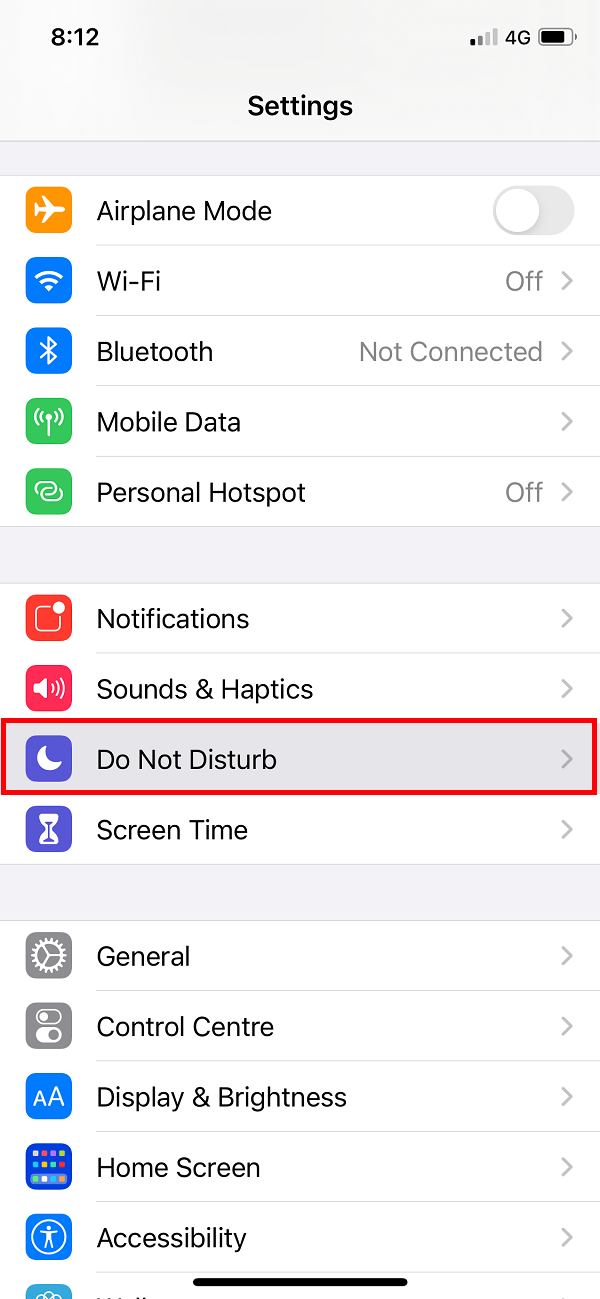 Open Settings on your iPhone then scroll down and tap on the Do Not Disturb