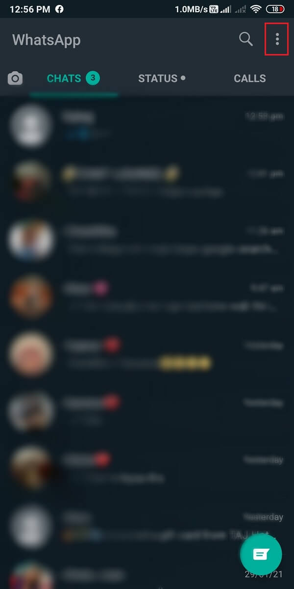 Open WhatsApp on your phone and tap on the three vertical dots | Fix Whatsapp Images Not Showing In Gallery
