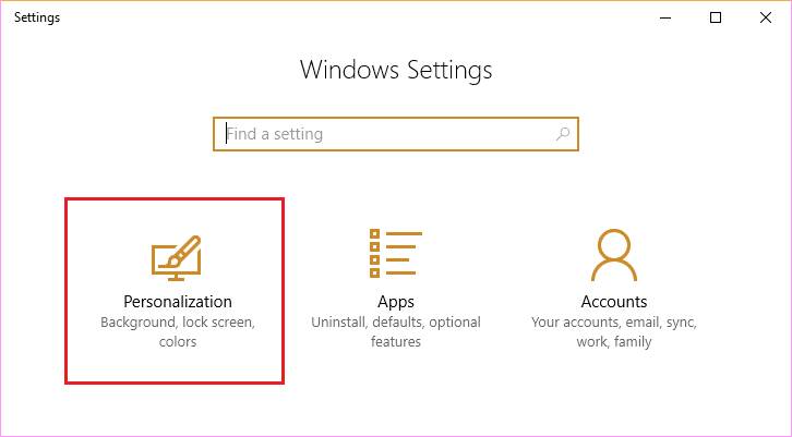 Откройте приложение «Настройки Windows», затем щелкните значок «Персонализация» | Высокая загрузка ЦП и диска Windows 10