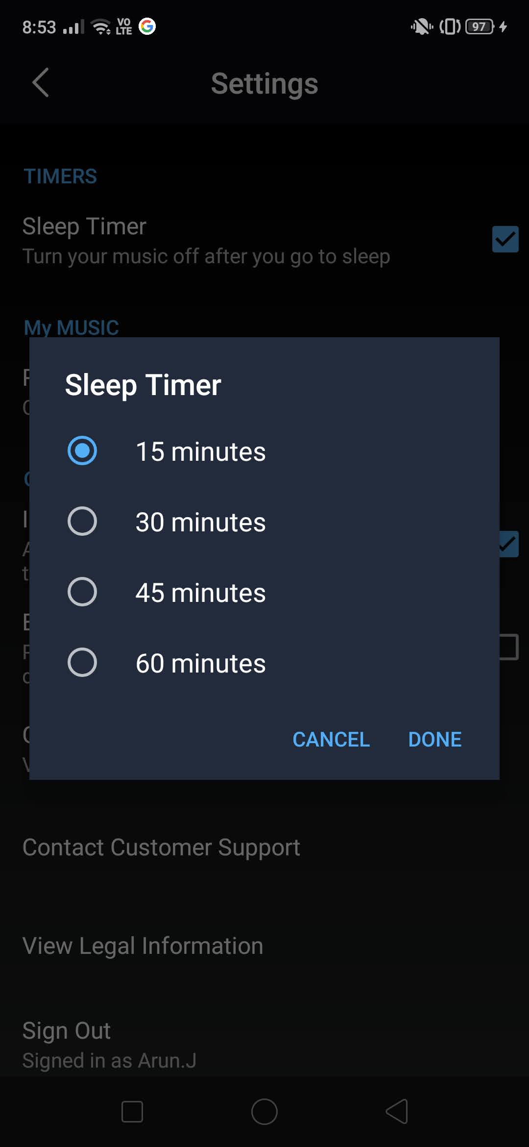 Open it and select the time span | Automatically Turn Off Music On Android
