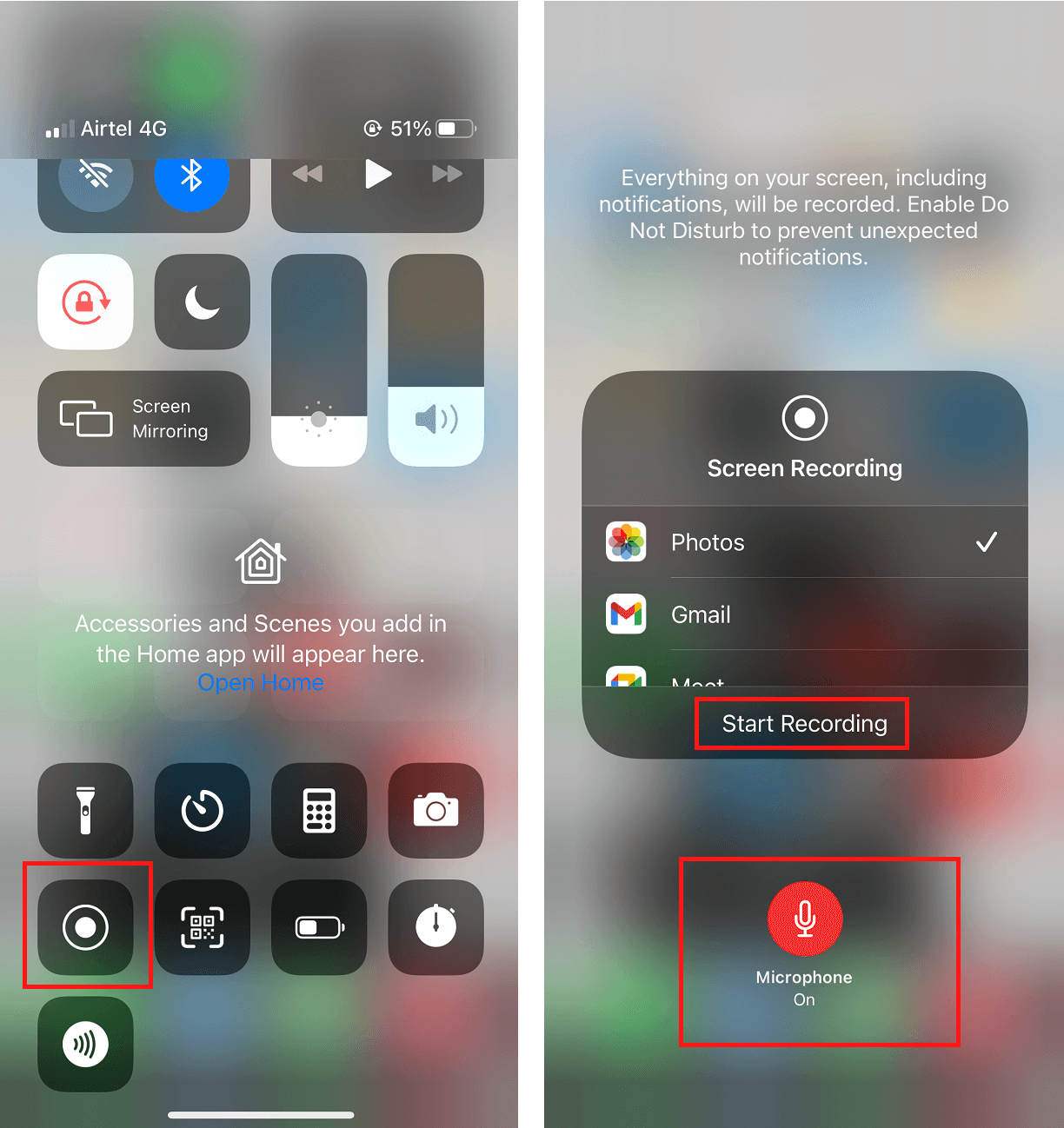 Open the Control Centre and long-press the Record button to start the screen recording