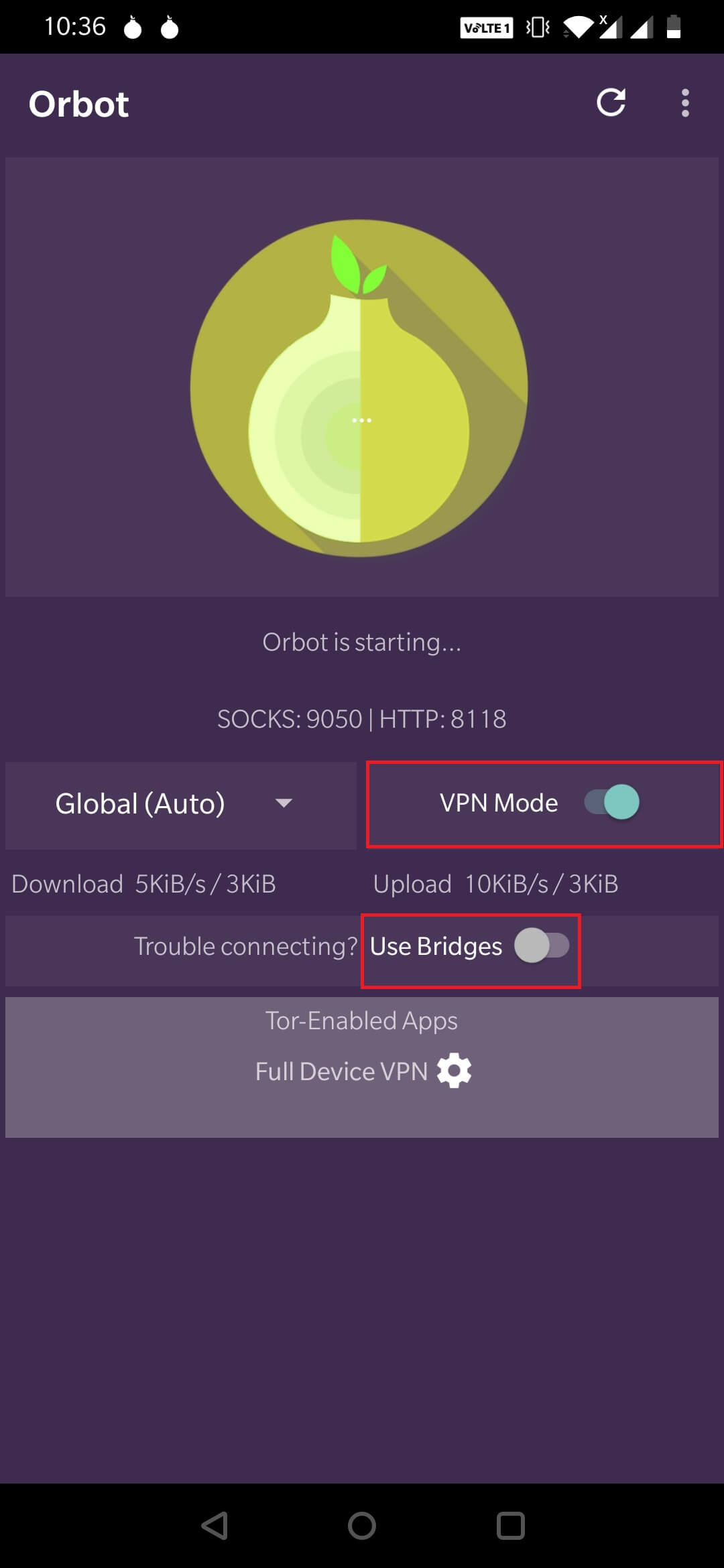 Open the Orbot application. Press on ‘Start’ and enable VPN mode.